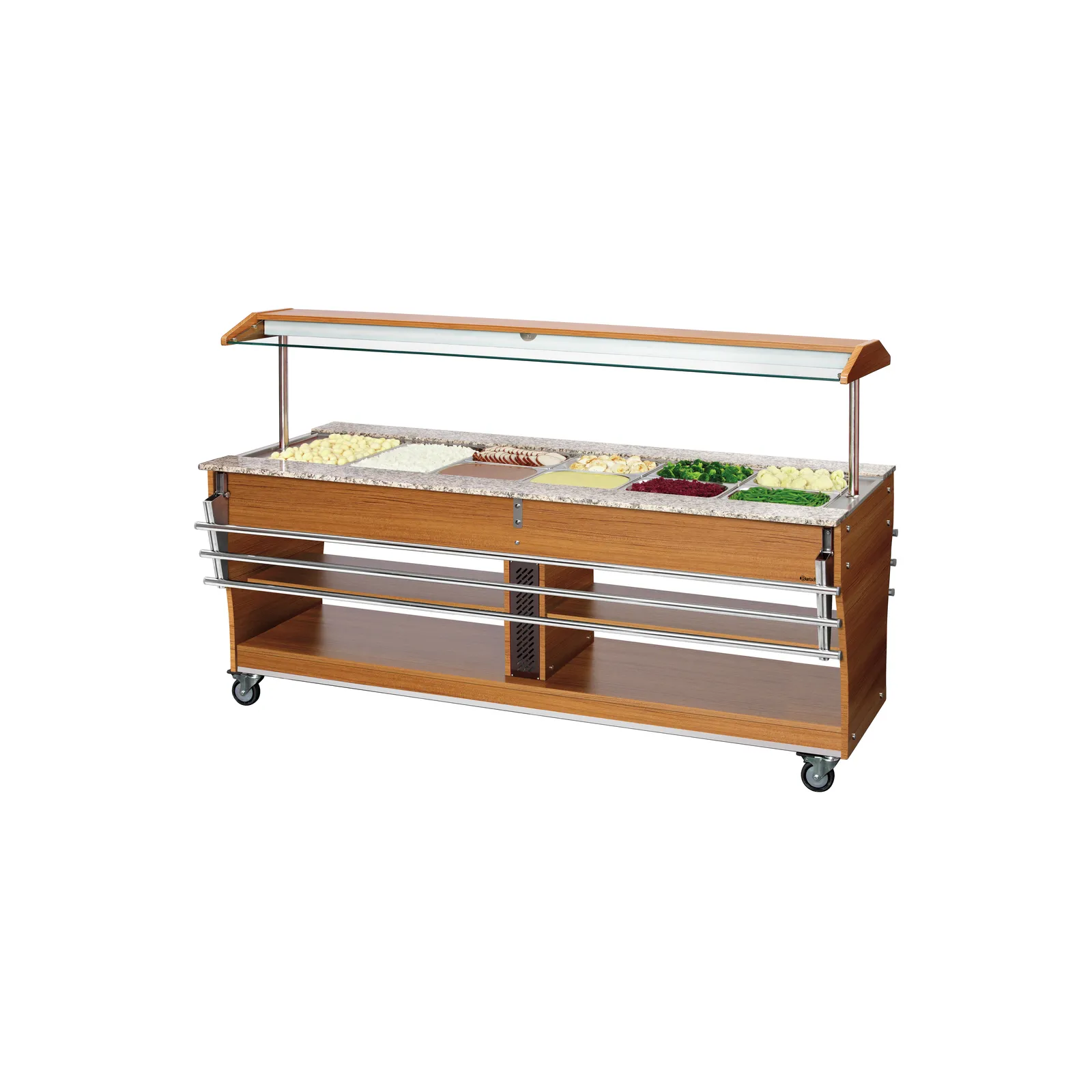 Bartscher 125624 Buffetwagen warm 6x 1/1 GN Ansicht Komplett, mit Essen, mit Tablettrutsche eingeklappt, Buffet, Thekenbuffet, Granit, Holz, Salatbar