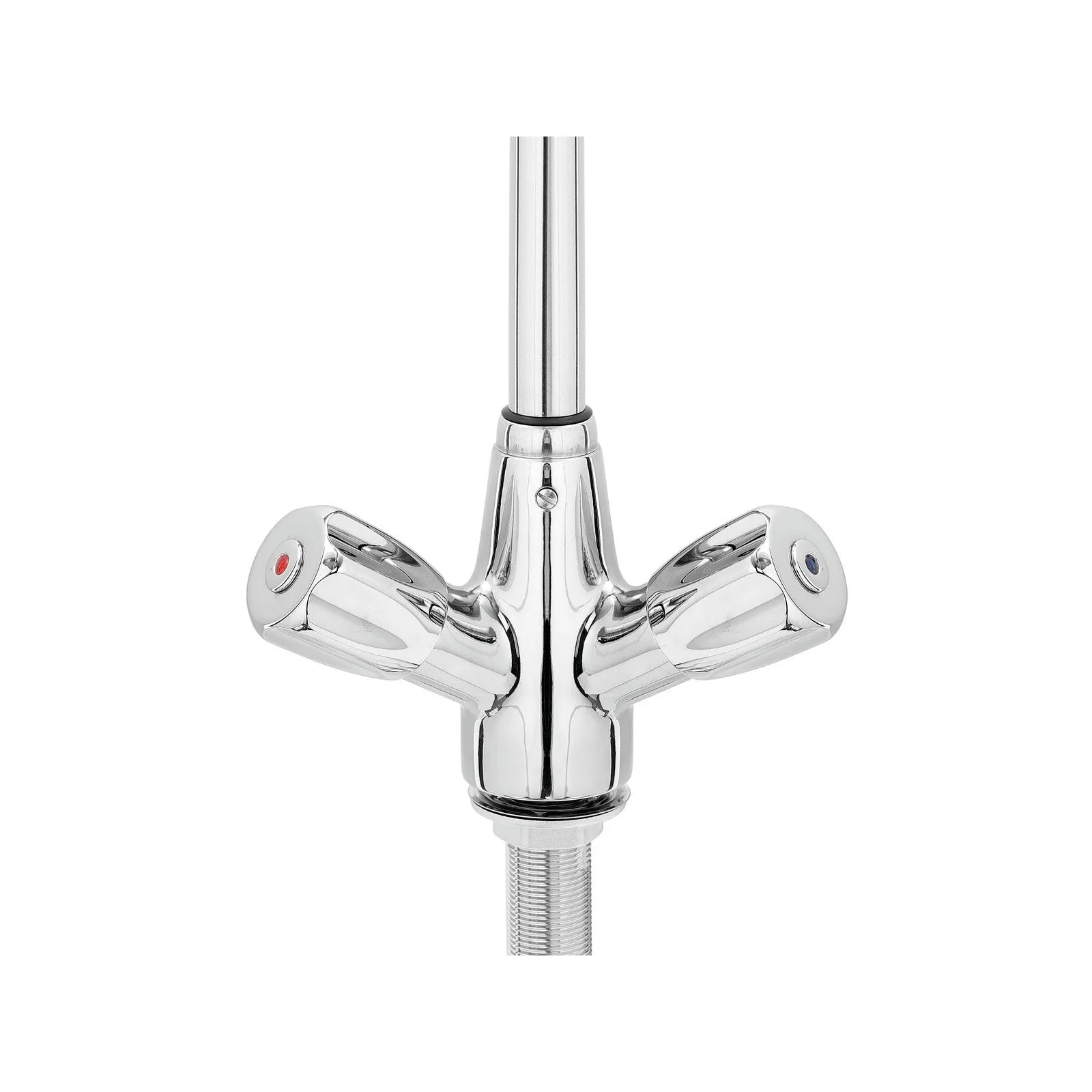 Bartscher 400136 Zweigriffmischer 26L-1801B Nahansicht Temperaturregler, Lampensystem, verstellbares Gelenk, Chromoberfläche, Dreiwegeauslass, Stangenmontage