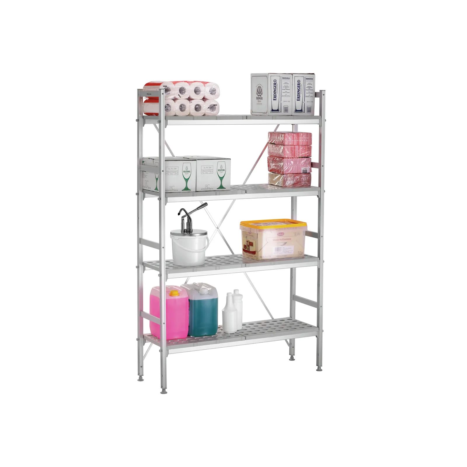 Bartscher 603175 Regalsystem Kit 4 B1070 Ansicht Komplett gefüllt, Regal, Metallregal, Lagerregal, Paketrollen, Reinigungsmittel