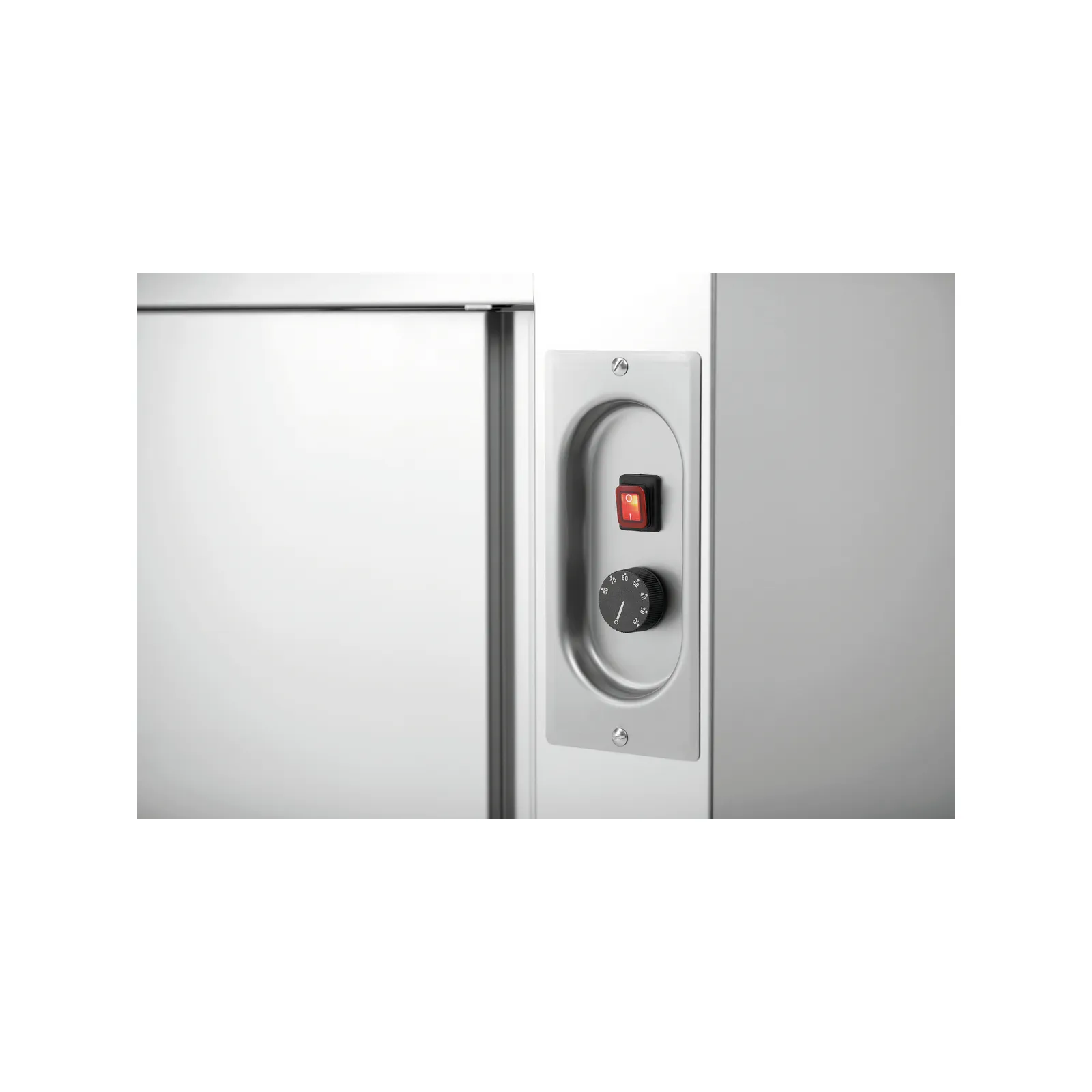 Bartscher 346187 Wärmeschrank 700-4T 1800 Nahansicht Bedienelemente, stahl, eingebauter knopf, ein/aus schalter, knopf timer, industrielle hardware