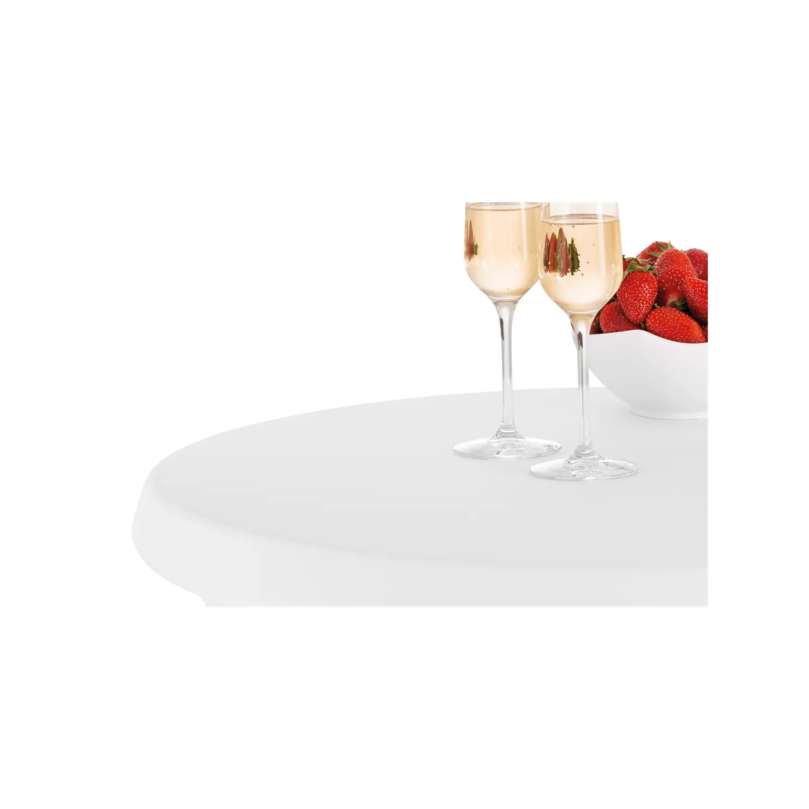 Bartscher 601168 Stehtisch-Hussen-Set 700 Ansicht nah mit Getränk, Weinglas, Gläser, Rahmenlos, Roséwein, Essen-Set