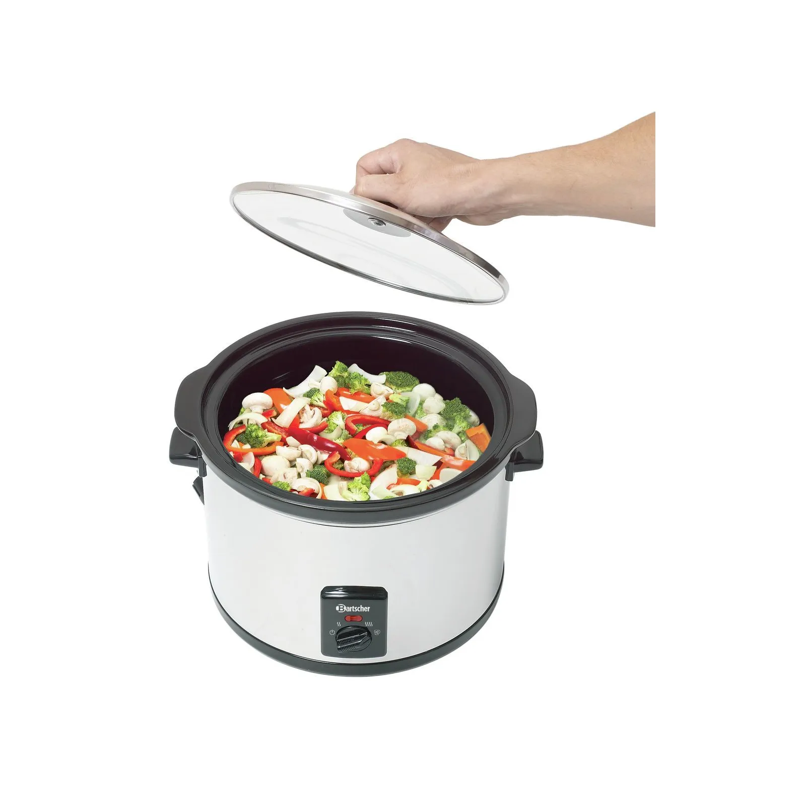 Bartscher A100155 Speisenwaermer offener Deckel Ansicht mit Essen, Slowcooker, Kochtopf, Gemüse, Elektrisch, Stilvoll