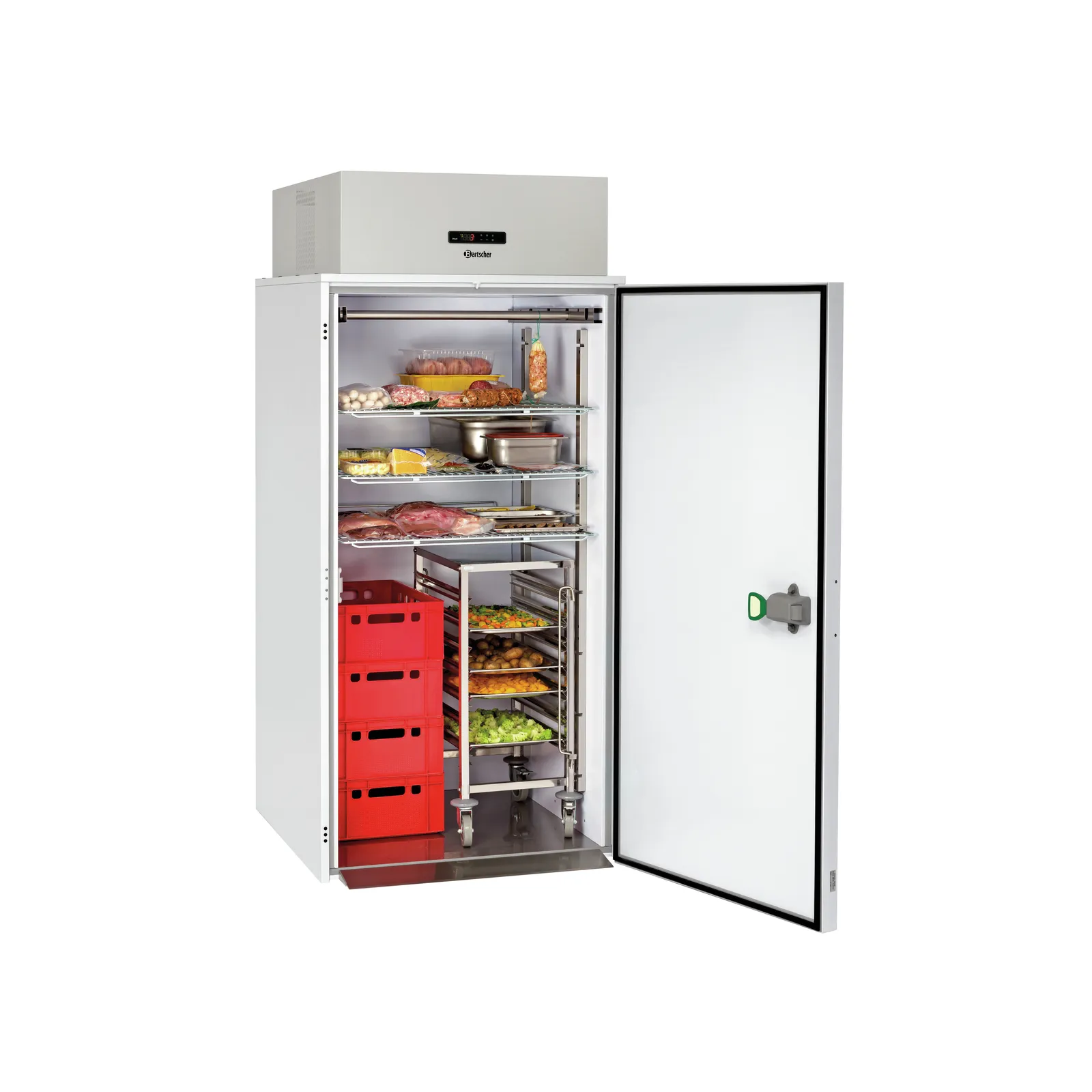 Bartscher 700690 Mini-Kuehlzelle 1240L Ansicht Komplett offen gefüllt, Gewerbekühlschrank, Upright Kühlschrank, Gastronorm-Schublade, Thermostatregler, Innenausstattung
