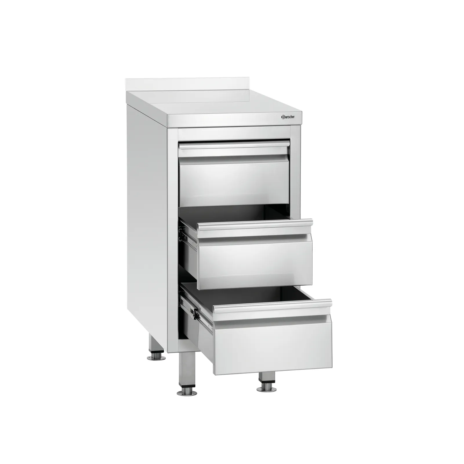 Bartscher 338307 Schubladenschrank 700S3A Ansicht Komplett, Schubladen offen, kühlschrank-schublade, stahl-küchenschrank, metalloberfläche, flügelschublade, freistehend