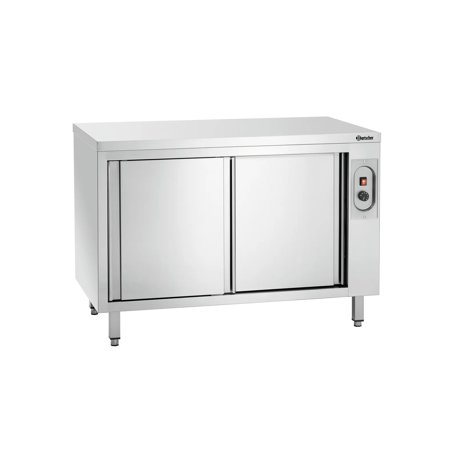 Bartscher 346127 Wärmeschrank 700-4T 1200 Ansicht Komplett, geschlossen, 1. Kühlschrank, 2. Edelstahl, 3. Schiebetüren, 4. Unterbau, 5. Temperaturregler