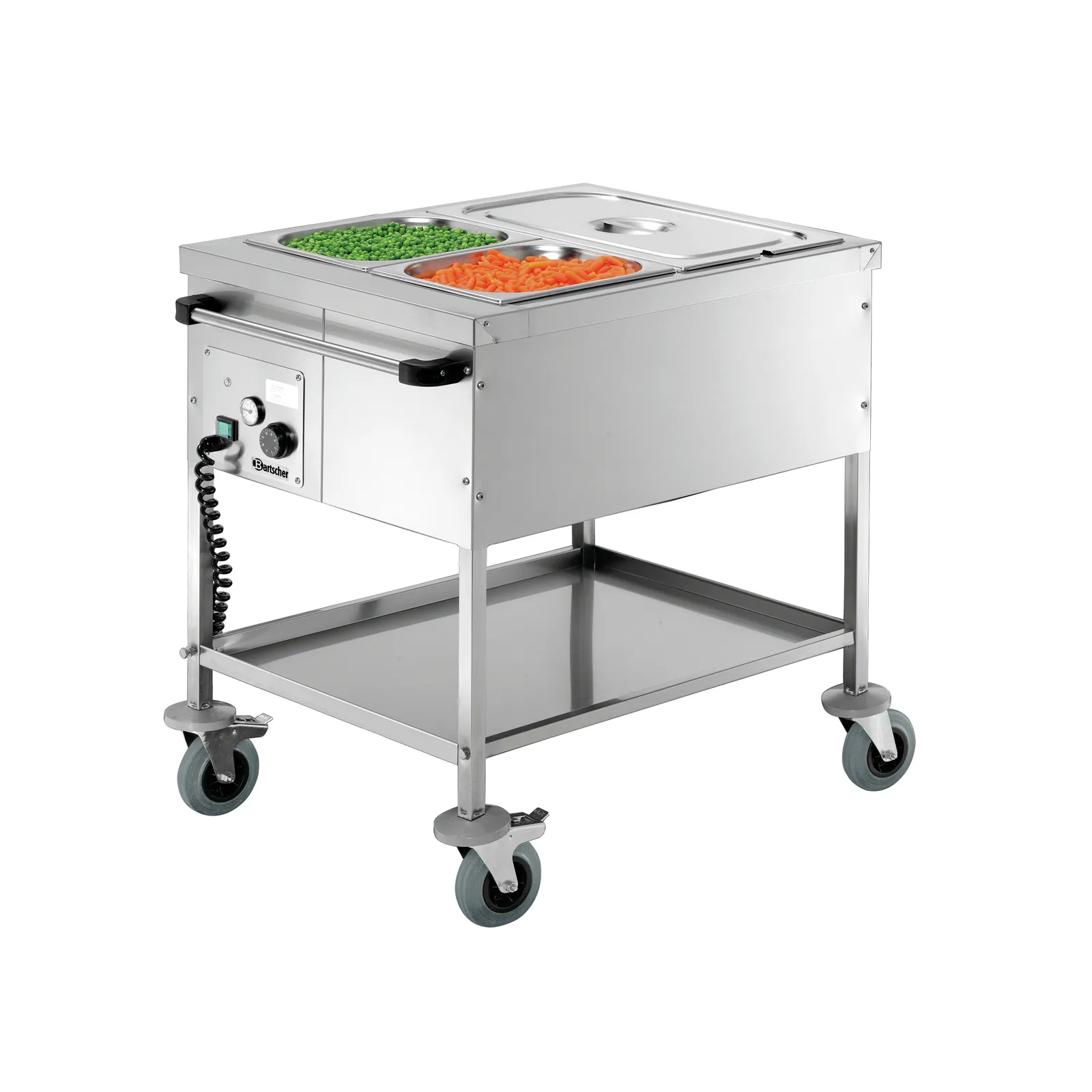Bartscher 200254 Speisenausgabewagen 2 x 1/1 GN, staubtisch, warming tray, kitchen cart, stainless steel, with wheels