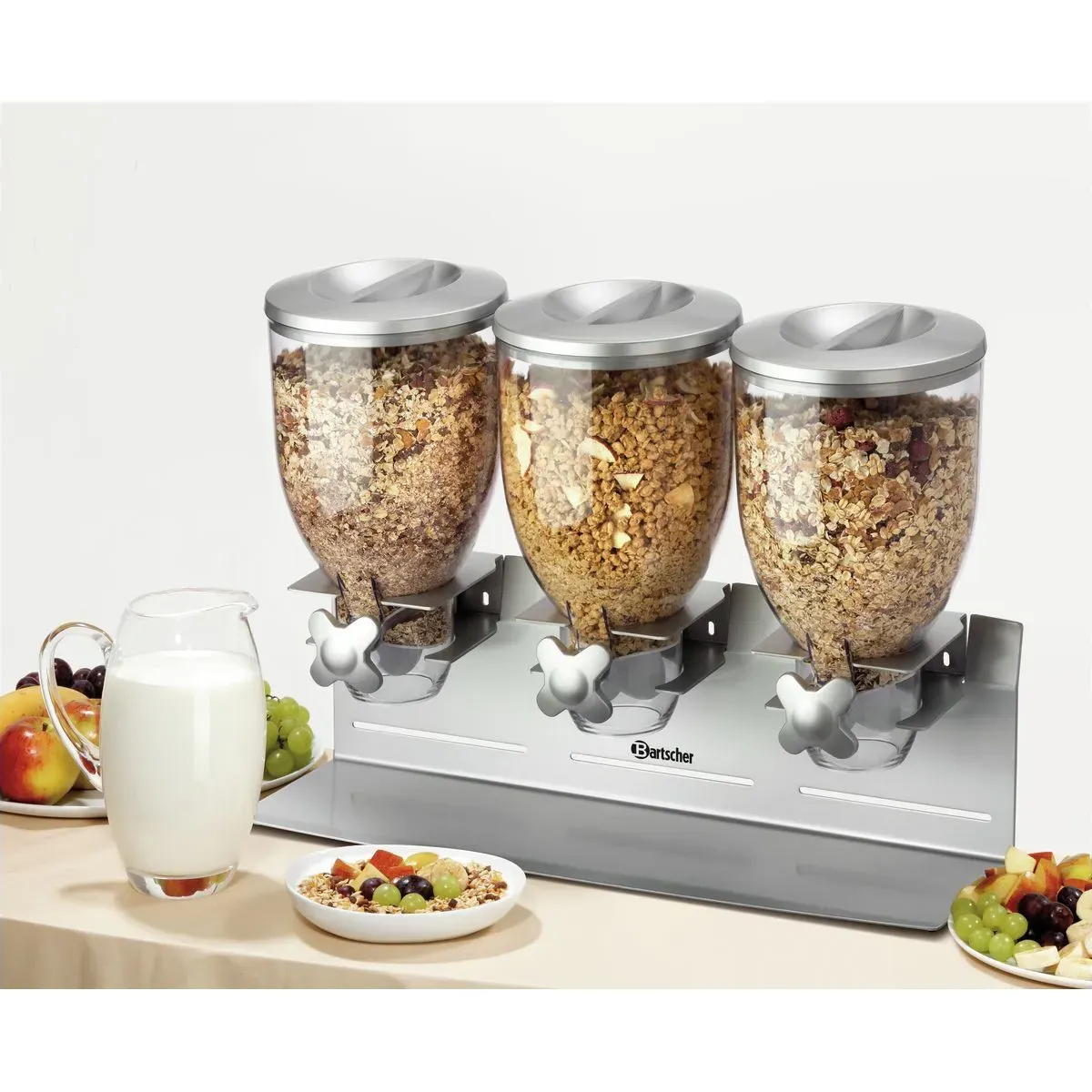 Bartscher 500379 Cerealienspender 3-fach Ansicht Komplett auf Buffet, cerealspender, getreidebehälter, dreifache zerealienspender, edelstahl, küchenmaschine