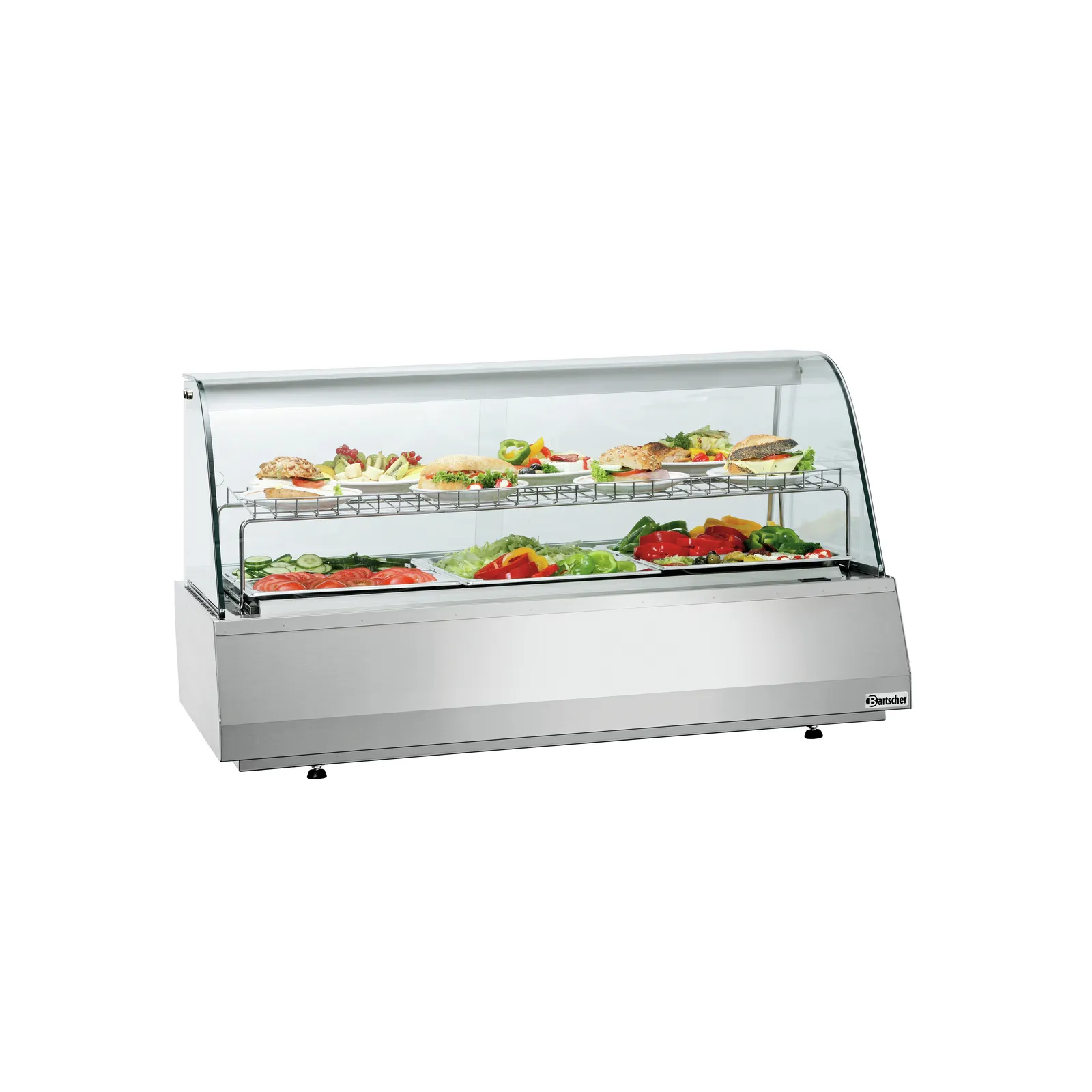 Bartscher 405057 Kalte Theke 3/1 GN Rundglas Ansicht Komplett gefüllt, salatbar, salatenauslage, lebensmittelanzeige, stahlrahmen, glasvitrine