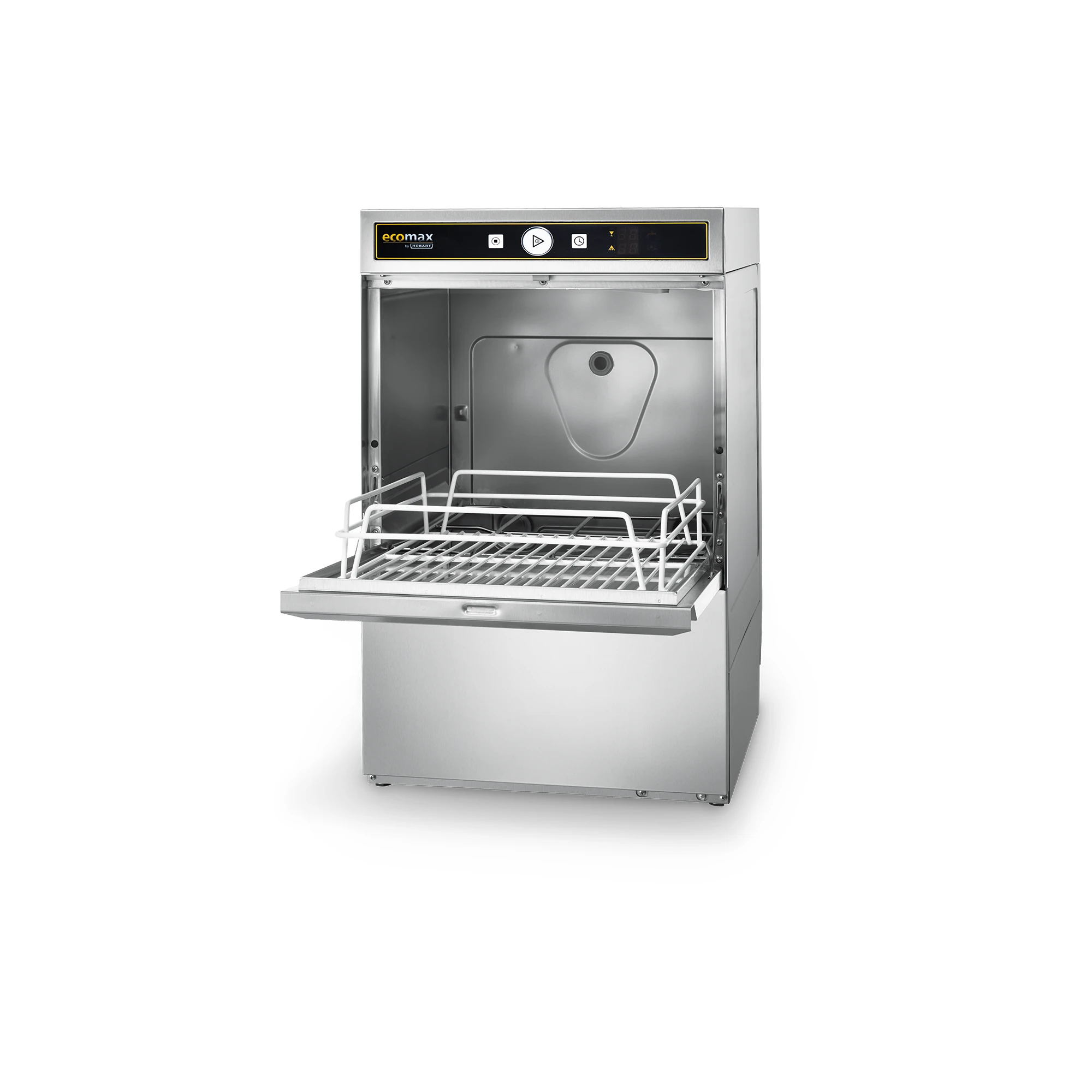 Ecomax G404 Glaeserspuelmaschine geoeffnet mit Spuelkorb für Toepfe