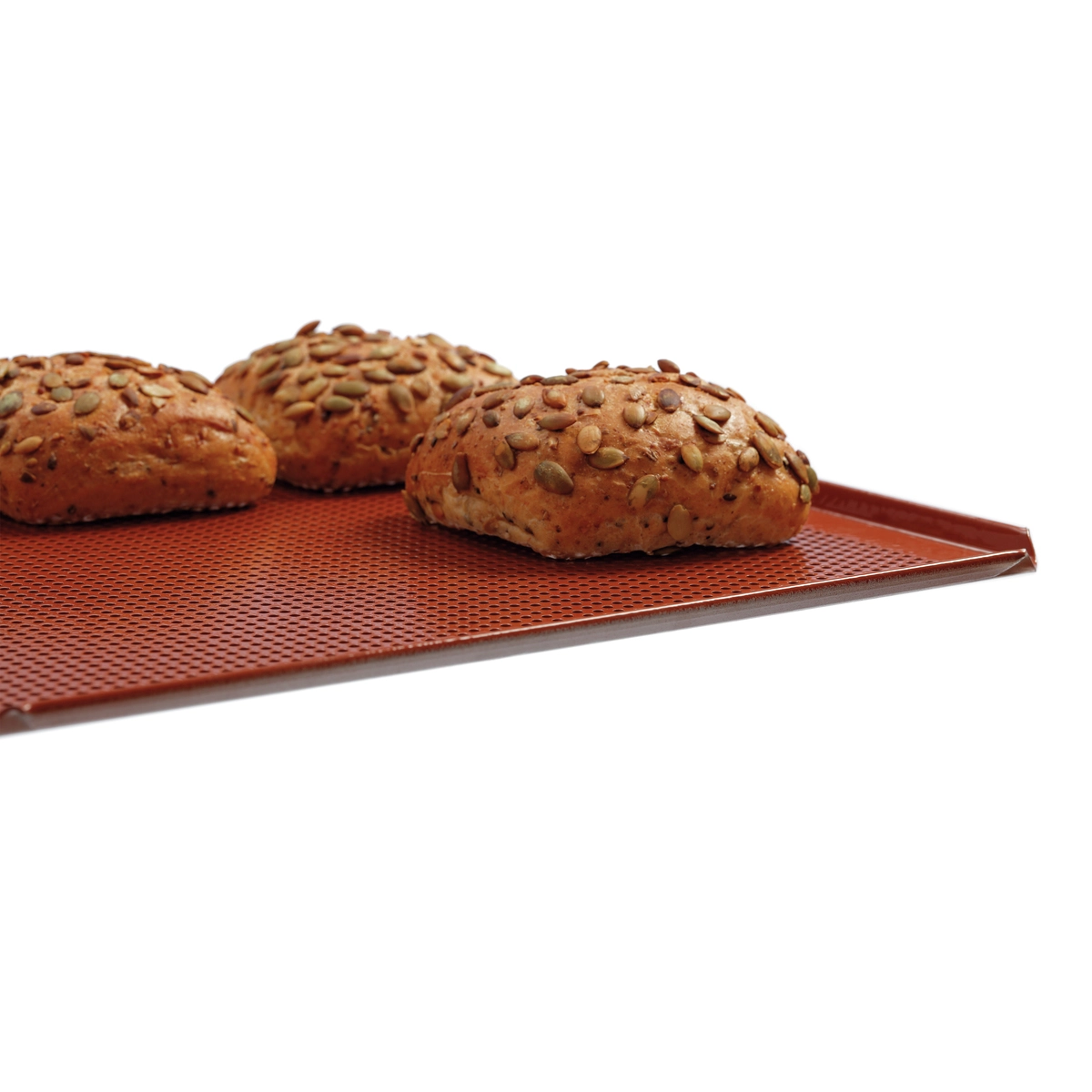 Bartscher 100425 Lochblech rot mit Kante seitliche Ansicht inklusive Brötchen