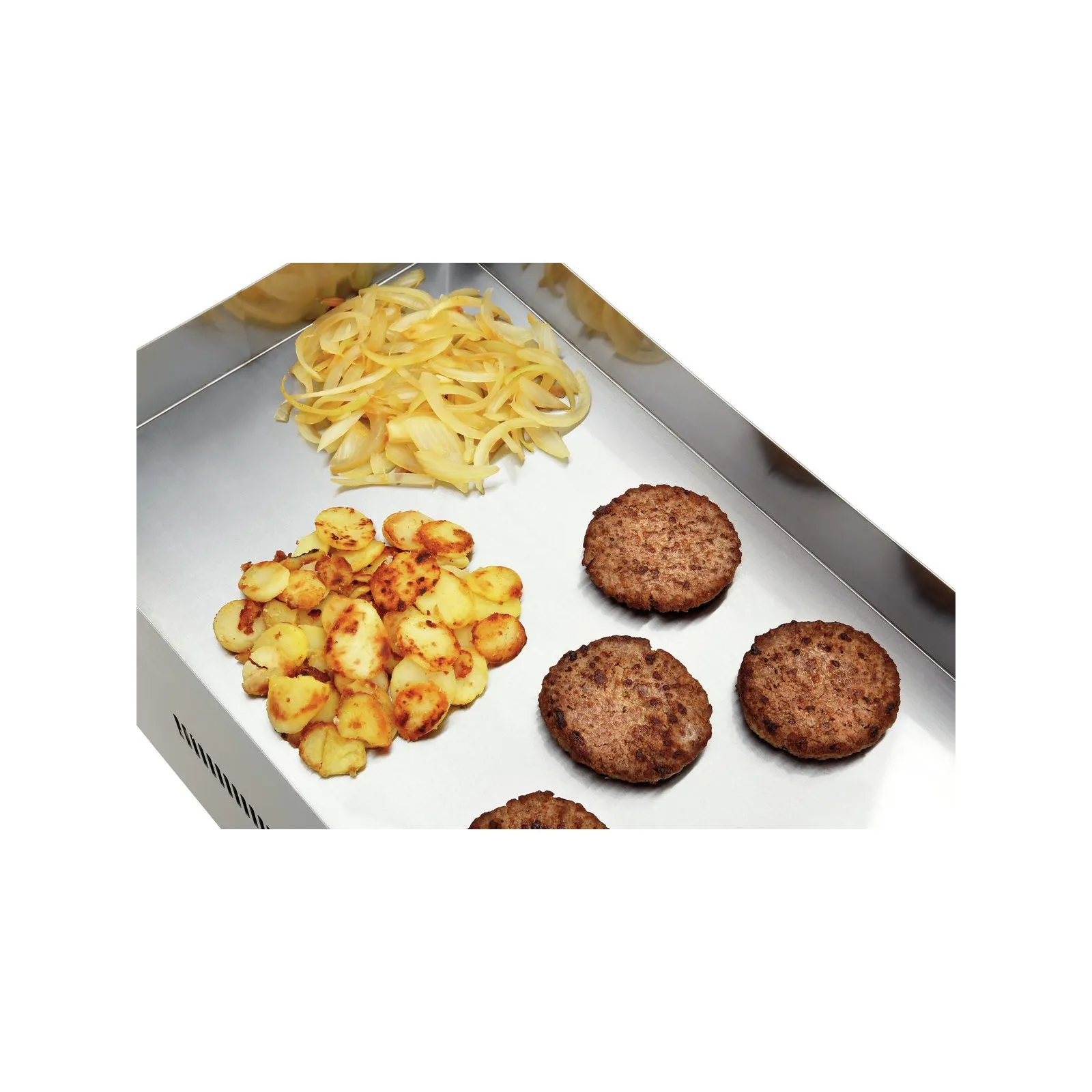 Bartscher 370205 Multibräter 300 Ansicht von oben mit Essen, Hamburger Patties, Sausage Patty, Zwiebelringe, Knoblauchknödel, Brötchen-Rezept
