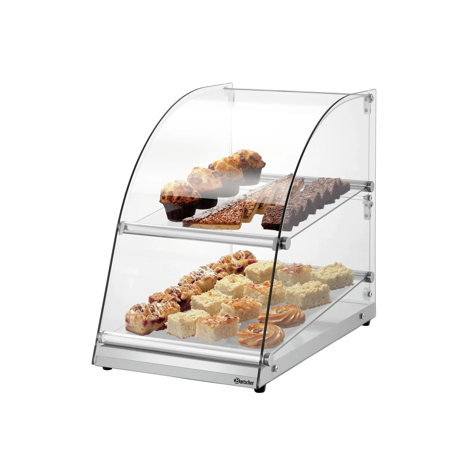 Bartscher 700355 Buffetvitrine 70L Ansicht Komplett mit Essen, Regalwand, Auslage, Displaycase, Glasfront, Dessertschale