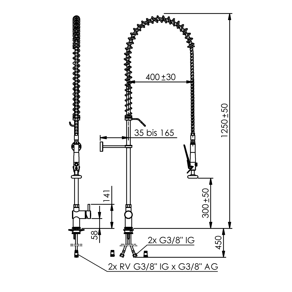 Echtermann 321-102/000 ClassicClean Geschirrbrause ohne Schwenkauslauf Zeichnung, Küchenarmatur, Ausziehbare Sprühkopf, Messingoberfläche, Schlauchbrause, Abmessungen 1250mm