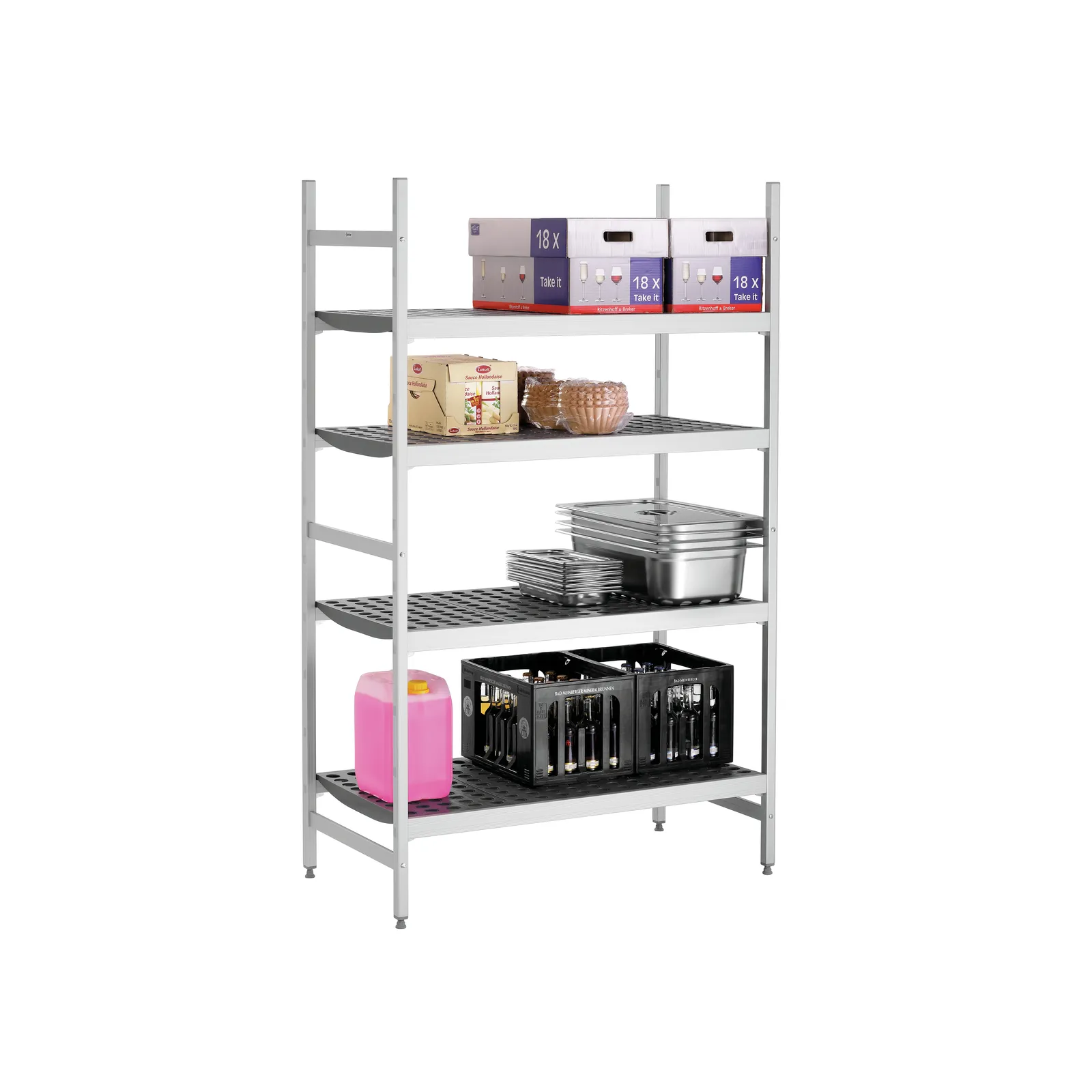 Bartscher 603150 Regalsystem Kit 2 B1080 Ansicht Komplett gefüllt, Regal, Metall, Gitterboden, Lagerregal, 4-Ebenen-Regal