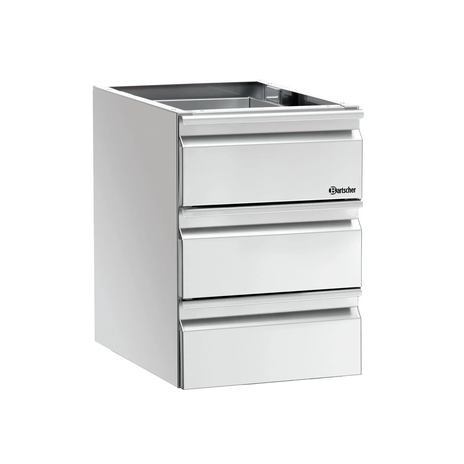 Bartscher 315307 Schubladenblock 3 x 1/1 GN Ansicht Komplett, geschlossen, Schubladenkasten, Metall, Chrom, Stahl, 4-Schubladen
