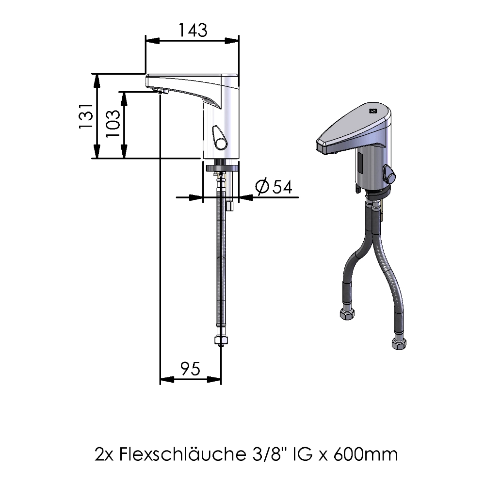 Echtermann 2314 Sensorarmatur Detailansicht, Waschtischarmatur, Einhebelmischer, Hebelarmatur, Flexschlauch, IG 3/8 Zoll