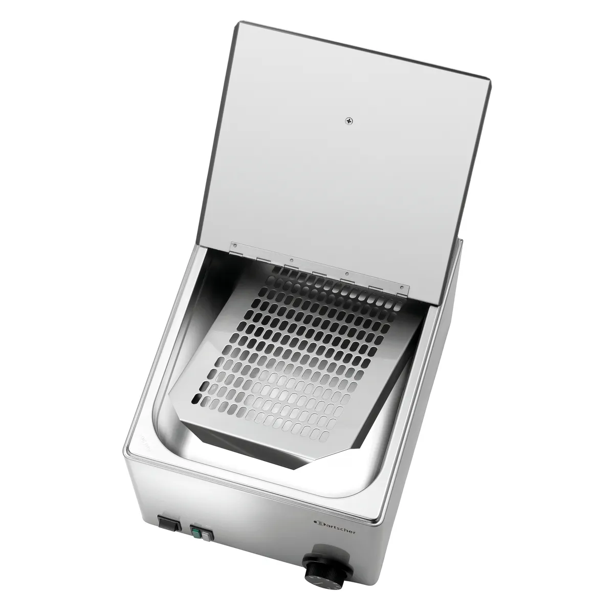 Bartscher A120467 Wuerstchenwaermer Blick ins Gerät mit angehobenem Gitter