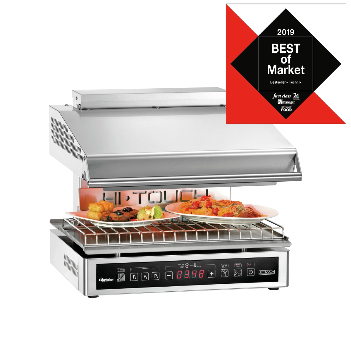 Bartscher 101546 Lift Salamander wo zwei Teller auf hoher Höhe warmgehalten werden
