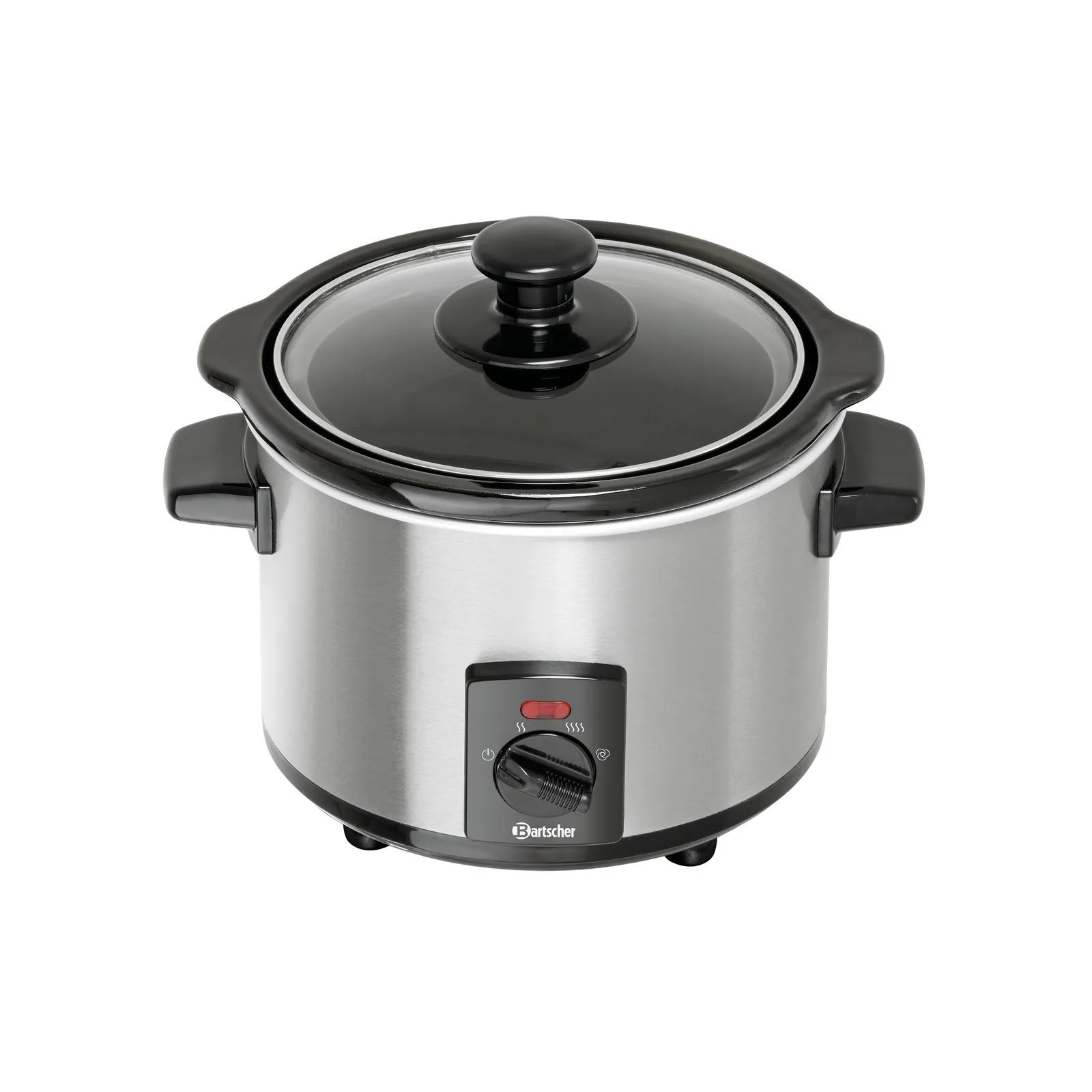 Bartscher A100266 Speisenwaermer Ansicht Komplett von oben, Slow cooker, Edelstahl, Glasdeckel, Schwarze Griffe, Drehknopf