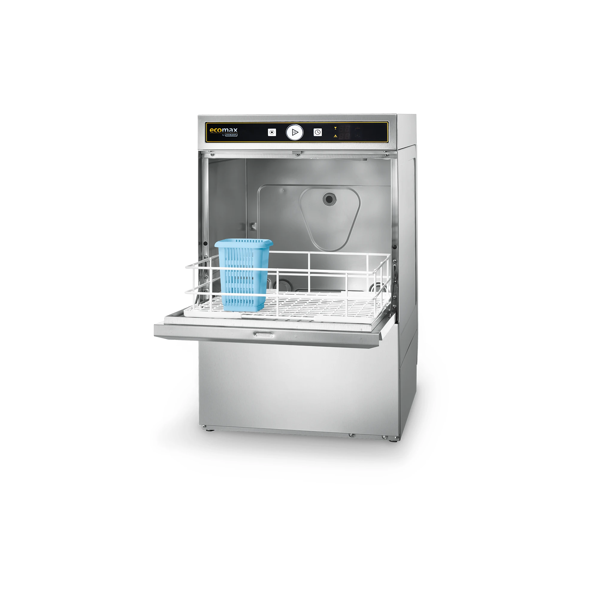 Ecomax G404 Glaeserspuelmaschine geoeffnet mit Spuelkorb für Bistrogeschirr und Besteck