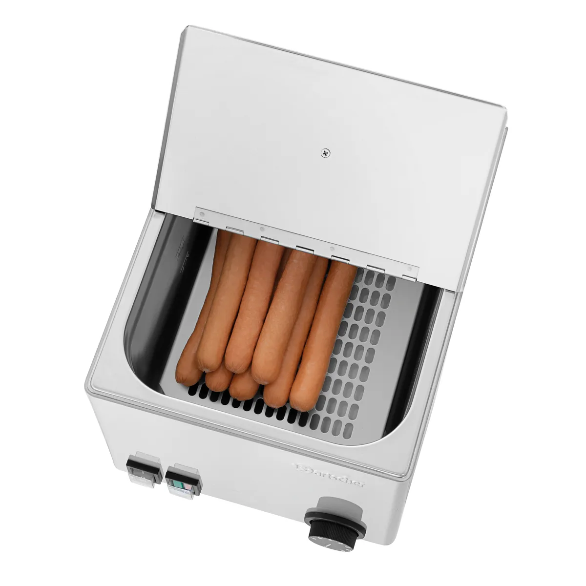 Bartscher A120465 Wuerstchenwaermer Blick in das Gerät in dem Würstchen liegen