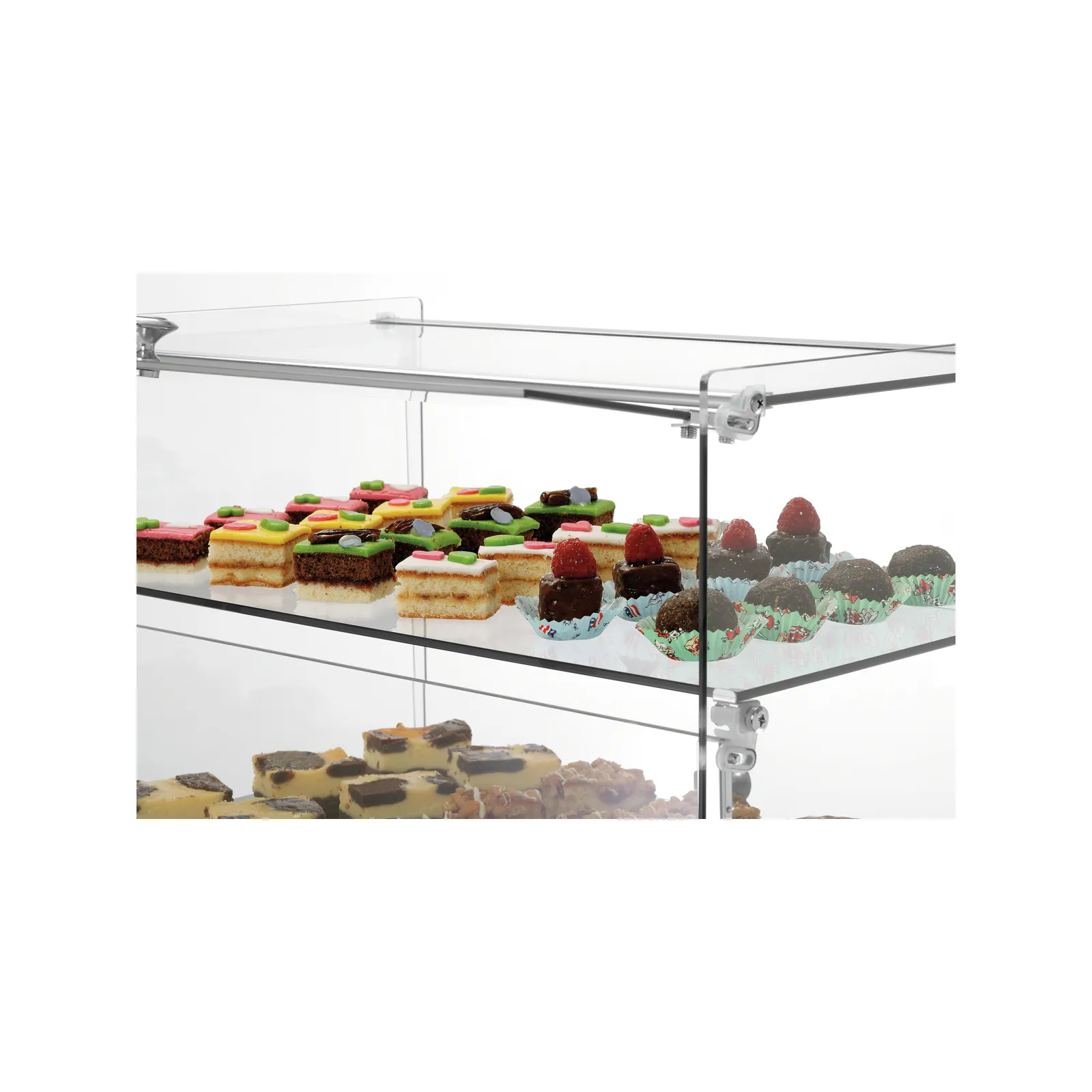 Bartscher 700356 Buffetvitrine 5400 2E-K Ansicht nah mit Essen offen, Glasvitrine, Miniaturkuchen, Kuchen
