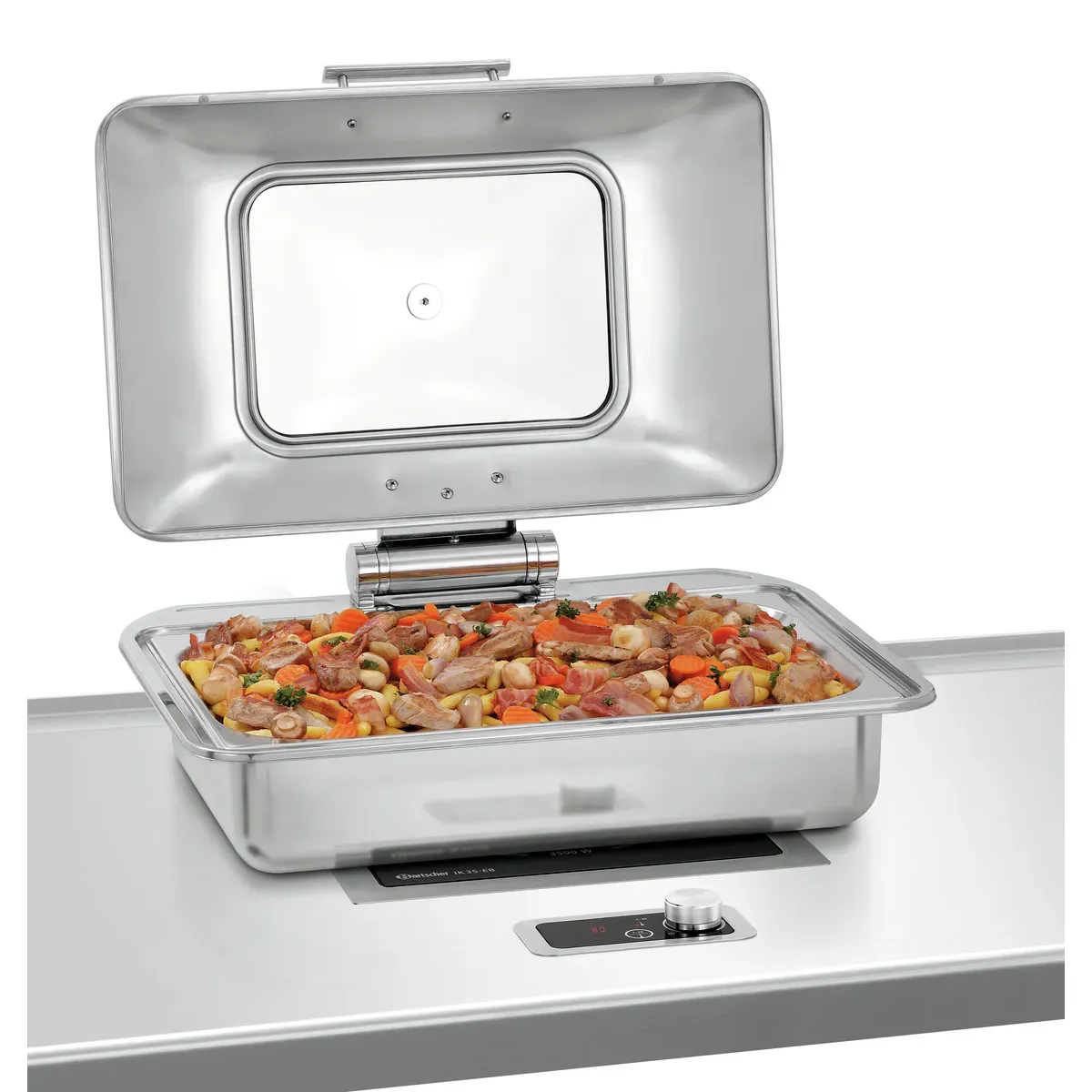 Bartscher 500507 Chafing-Dish 1/1 Flexible Ansicht Komplett geöffnet mit Essen auf Arbeitsfläche