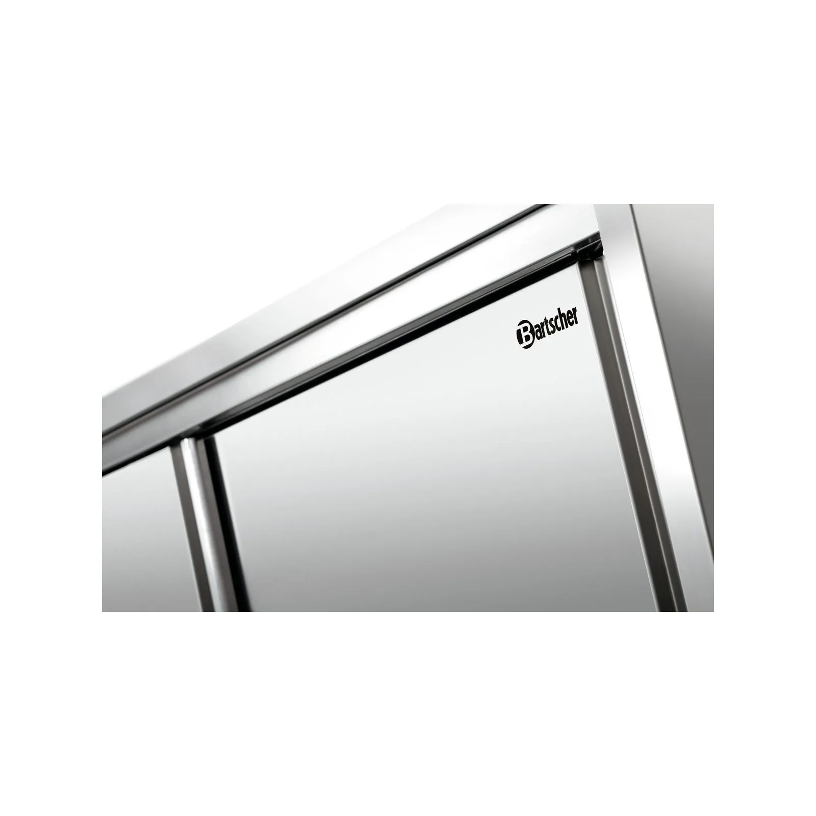 Bartscher 398120 Hochschrank 600 B1200 2ST CNS Nahansicht Schiebetür, Edelstahl, Kühlschrank, sichtbare Marke, metallische Oberfläche, Kantenprofil